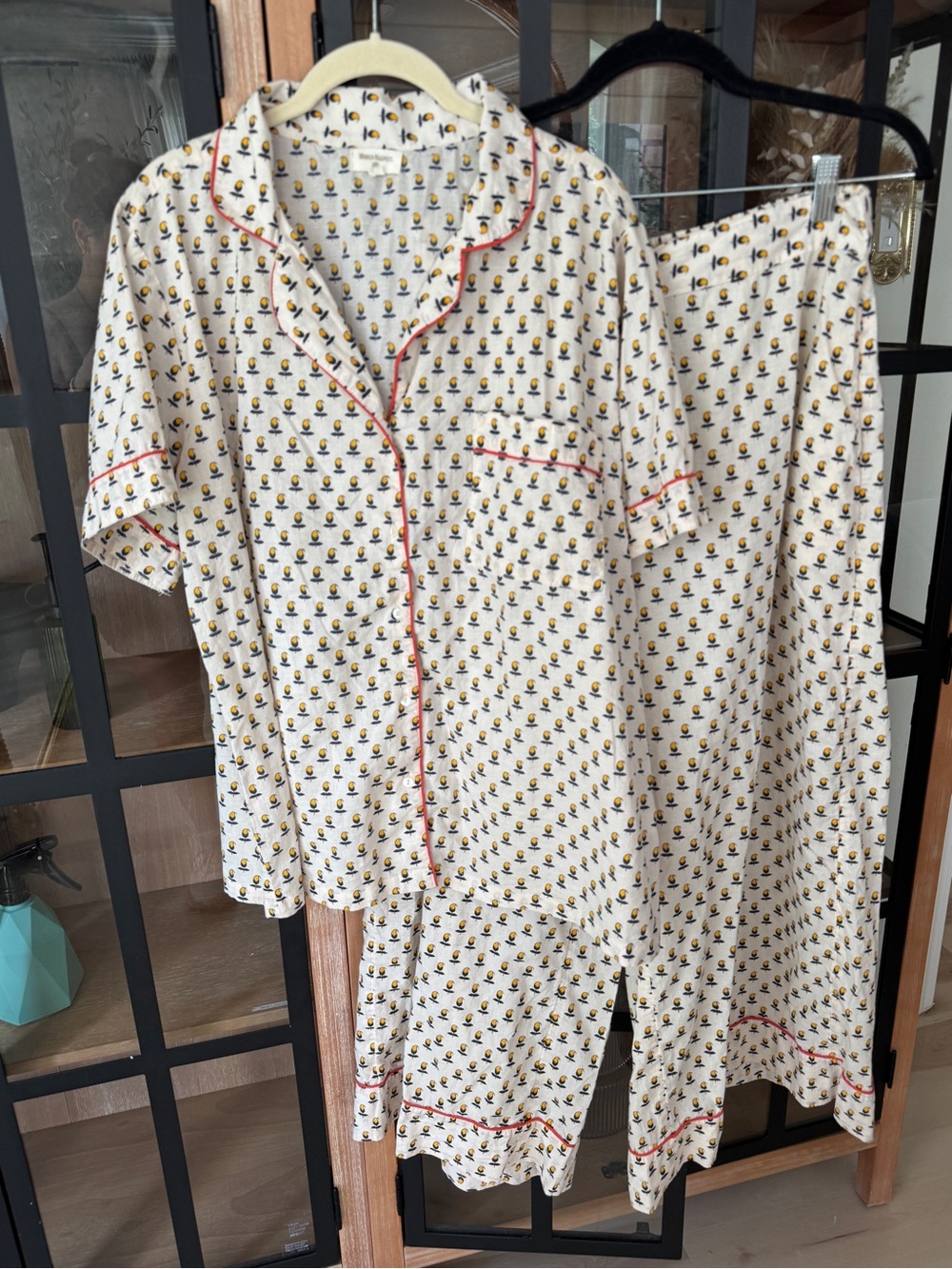 World Market set Block print cotton short sleeve shirt pants pajamas floral